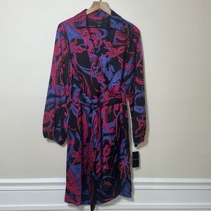 Tahari Paisley Side Drape Long Sleeve Satin Dress Size 12 New With Tags
